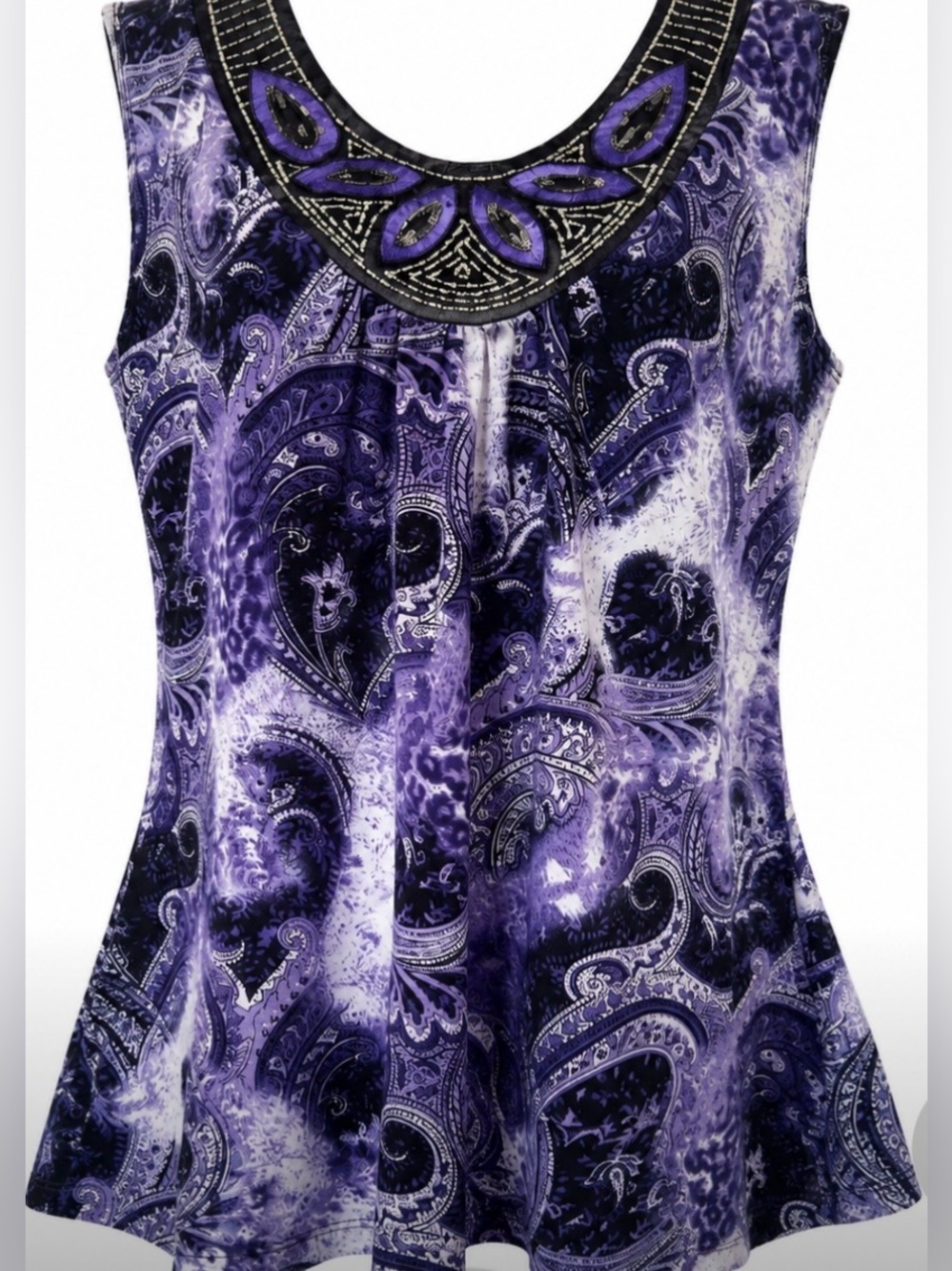 Initiatives Artsy Boho Purple Paisley Beaded Neckline Sleeveless Tunic Top Flowy